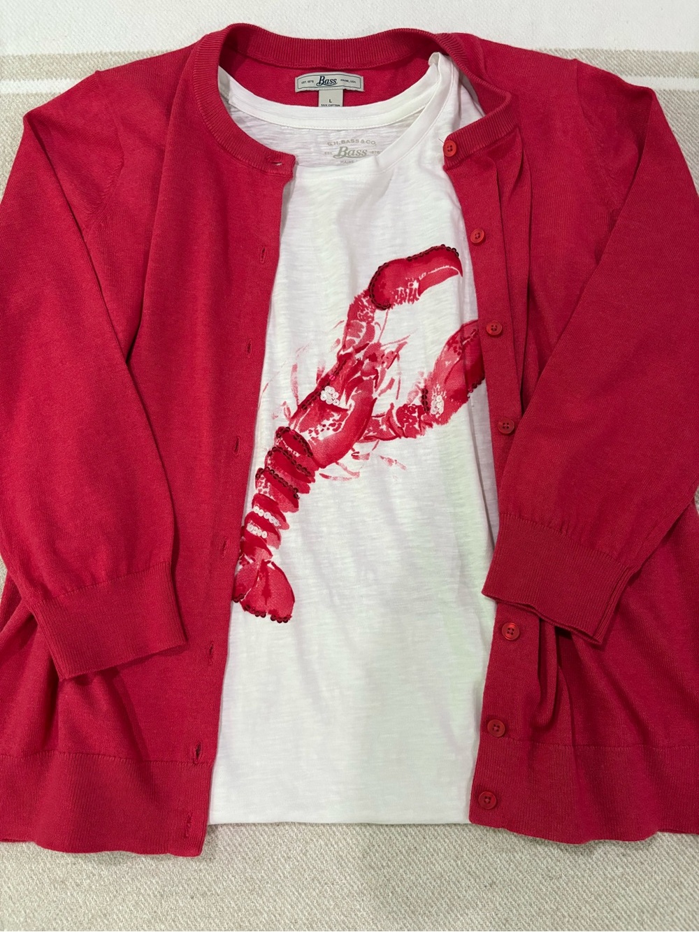 G.H. Bass & Co. Long-Sleeve Cardigan with White Lobster Sequins Tee both Large